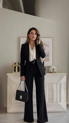 A woman in a black suit holding a black handbag, standing indoors in front of a white fireplace mantel with decorative objects and a framed picture.