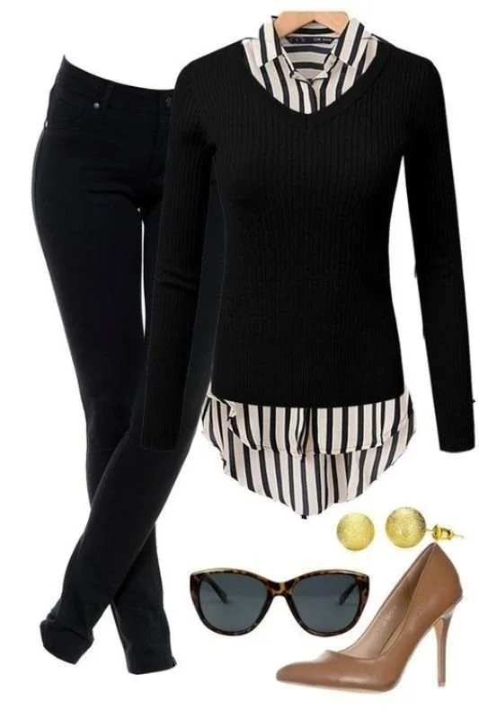 Outfit ensemble with black pants, a striped button-up shirt, a black sweater, beige high heels, sunglasses, and gold earrings.