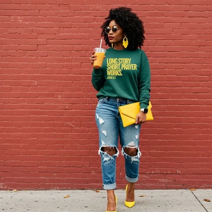A woman with curly black hair, sunglasses, and yellow earrings, standing against a red brick wall. She is holding a yellow clutch, a beverage in a clear cup with a straw, and wearing a green sweatshirt with yellow text, ripped jeans, and yellow high heels.