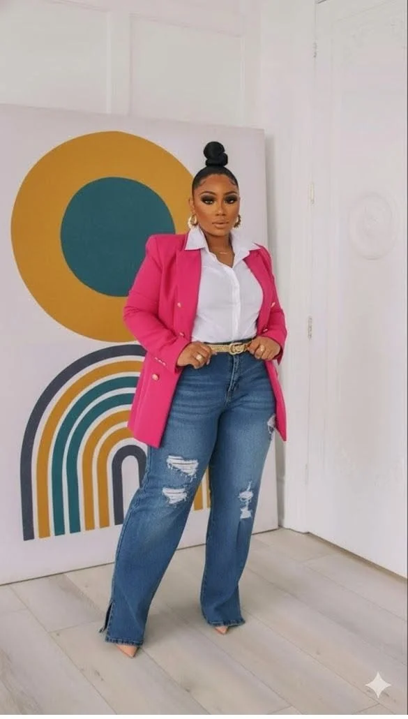 A woman in a pink blazer, white shirt, and ripped jeans standing in front of a colorful abstract art piece indoors.