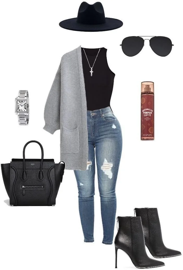 Fashion outfit including a black hat, sunglasses, gray cardigan, black sleeveless top, distressed blue jeans, black high-heeled ankle boots, black handbag, silver wristwatch, and pumpkin latte drink.