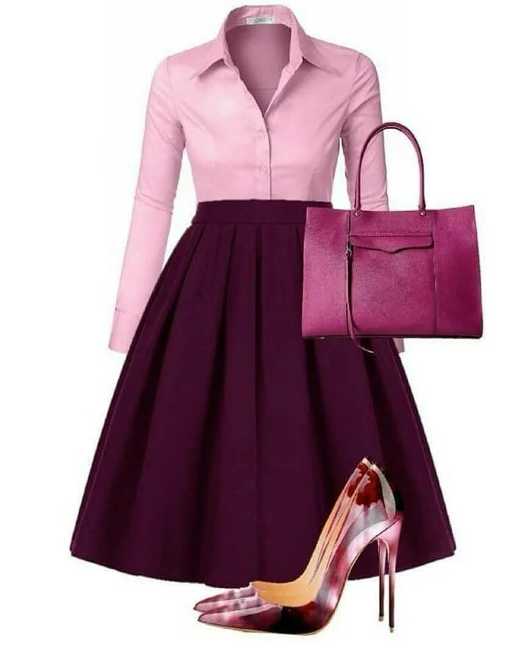 Pink button-down shirt, dark purple high-waisted skirt, pink handbag, multicolored high heels with a floral pattern.