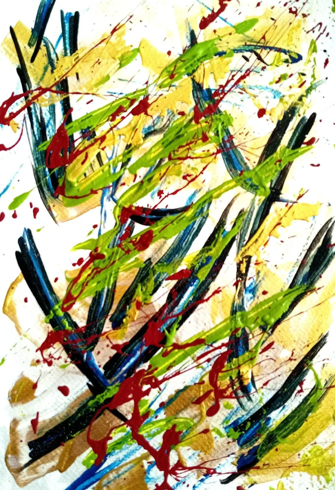 Abstract splatter painting with blue, yellow, green, black, and red paint on paper.