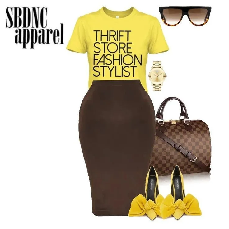 Yellow graphic T-shirt with black text, dark brown pencil skirt, yellow bow heels, checkered handbag, sunglasses, gold watch