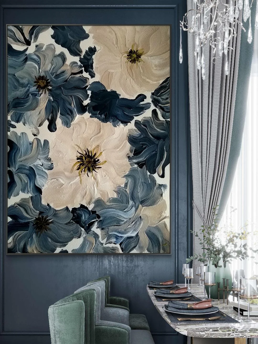 Elegant dining room with a large abstract floral painting on a dark blue wall, a marble table set with napkins, glasses, and cutlery, green velvet chairs, and a crystal chandelier near a window with cream-colored curtains.