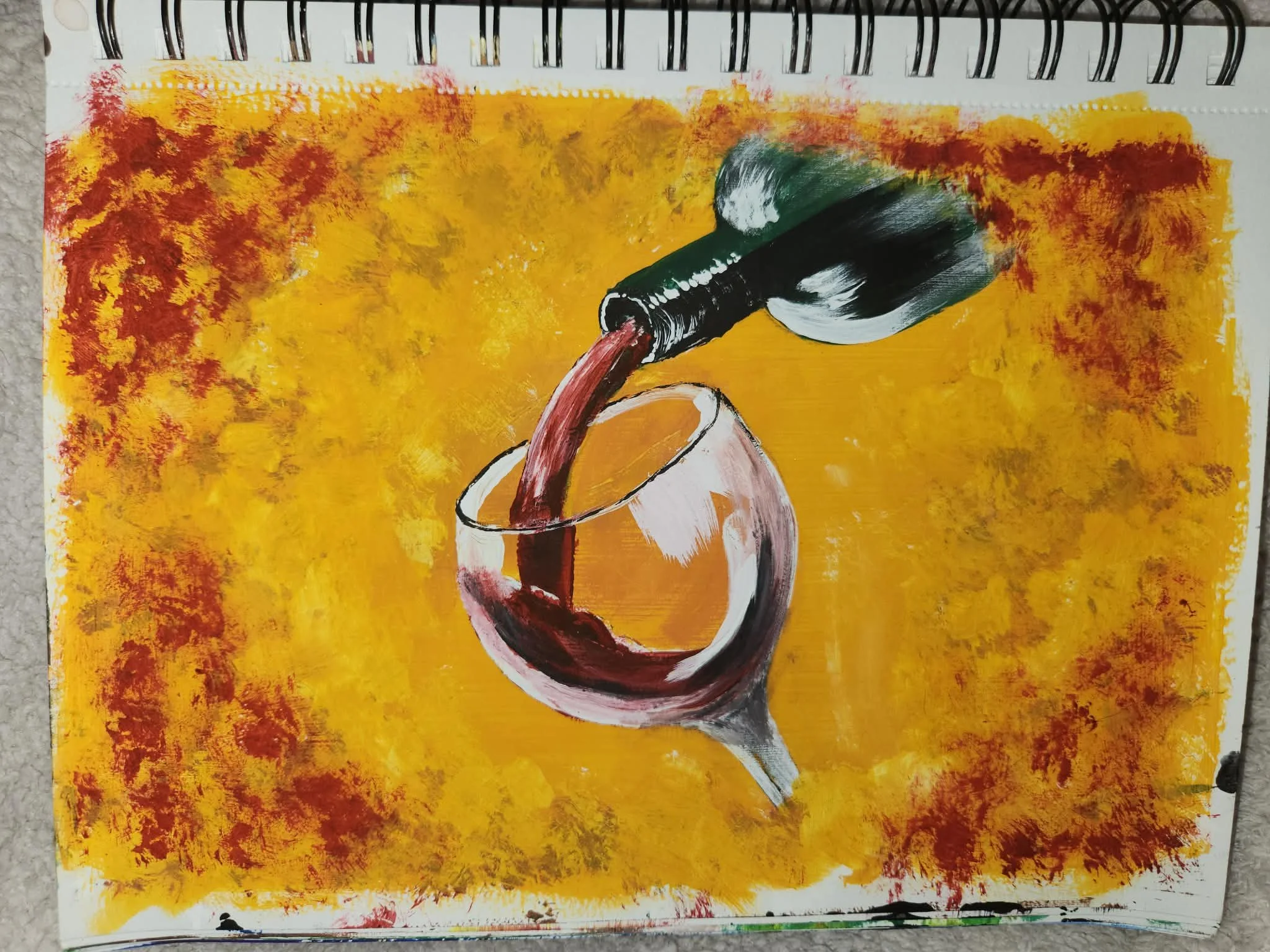 Original painting. Painting of a wine glass with red wine and a bottle of wine on a yellow and orange background.
