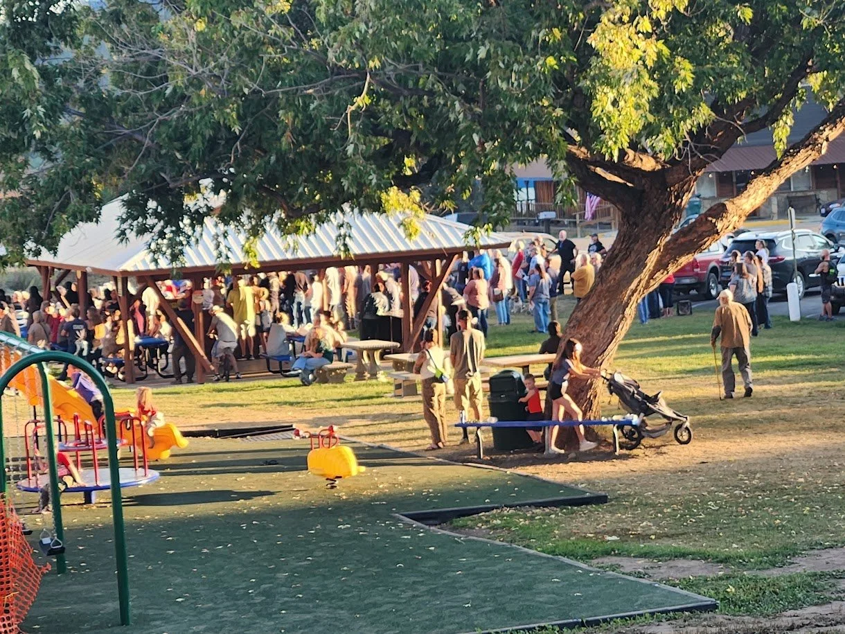 People gathering at a park with a large tree, a playground, and a covered pavilion, during what appears to be a community event or festival.