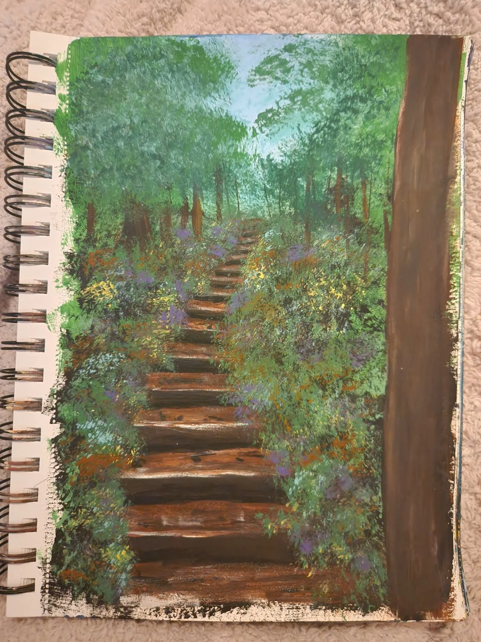 Original painting. An artistic painting of a forest scene with tall trees, lush green foliage, and a pathway, created with impressionistic brush strokes.