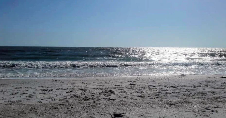 Sunlit ocean with gentle waves reaching sandy beach