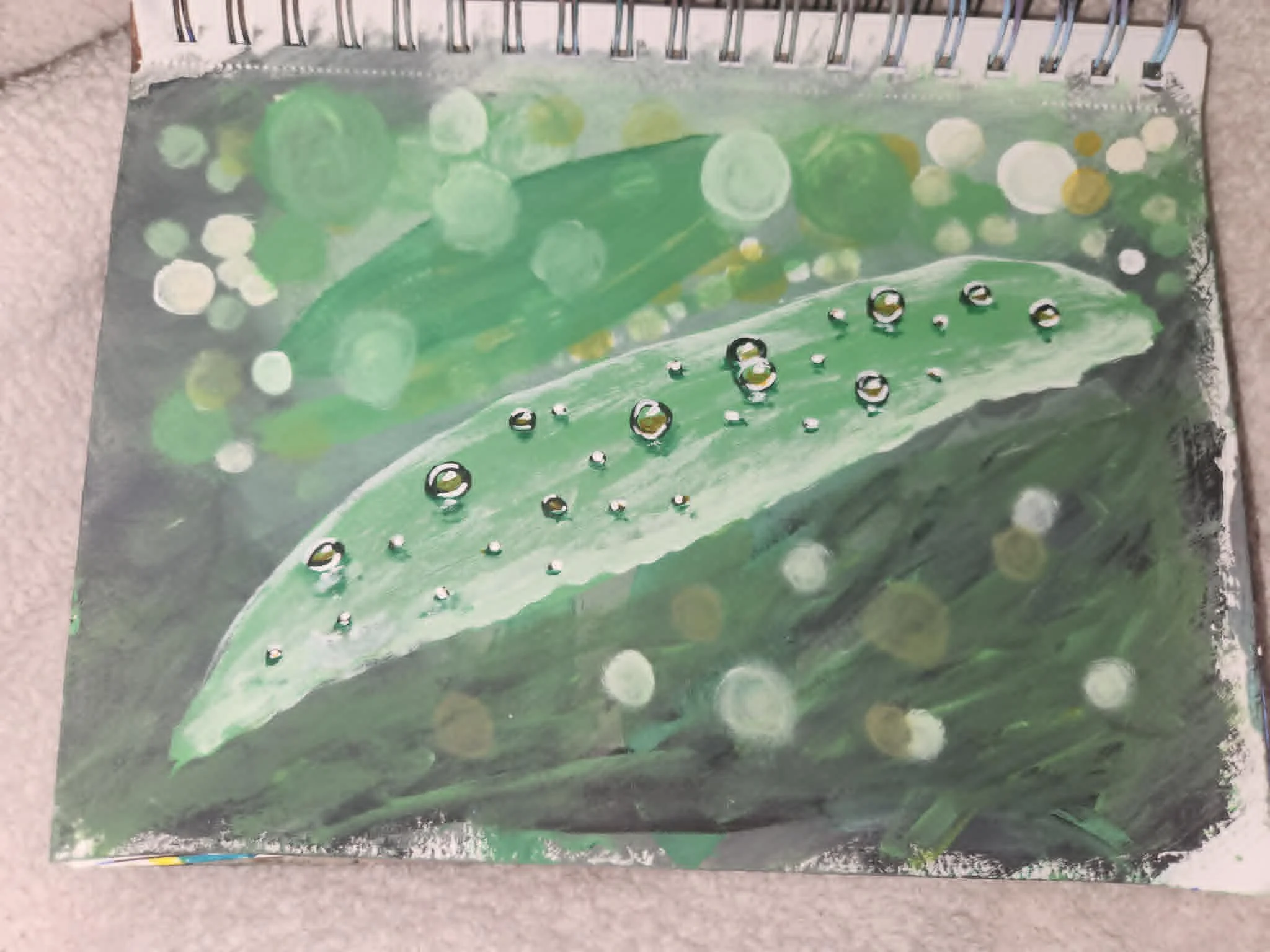 Original green water droplet painting with sparkling rhinestone details and soft white highlights.