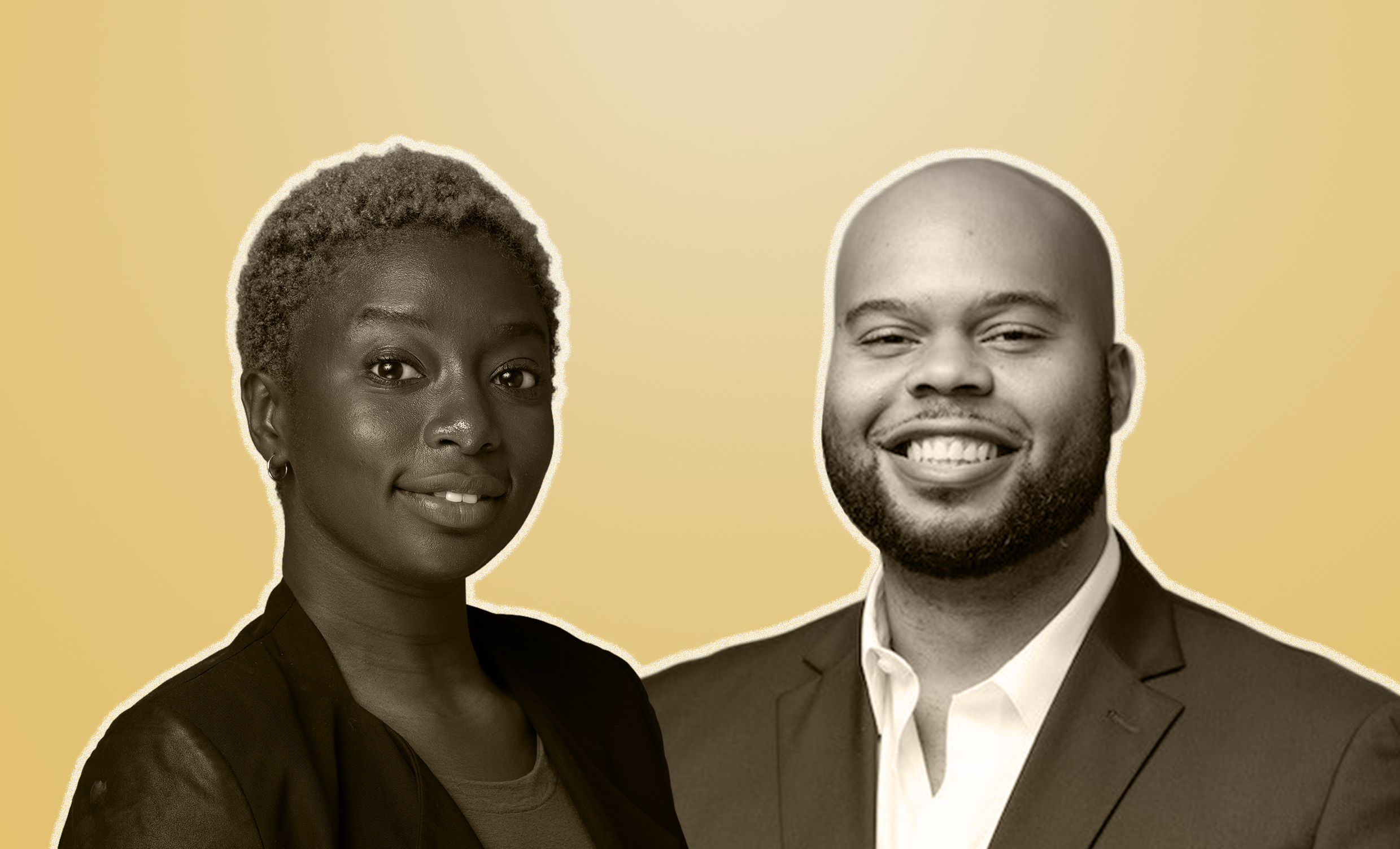 A black woman with short hair and a black blazer standing next to a white man with a beard, bald head, and a suit with a bow tie. Both are smiling and looking at the camera against a beige background.