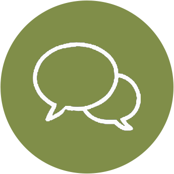 Two white speech bubbles on a green circular background.