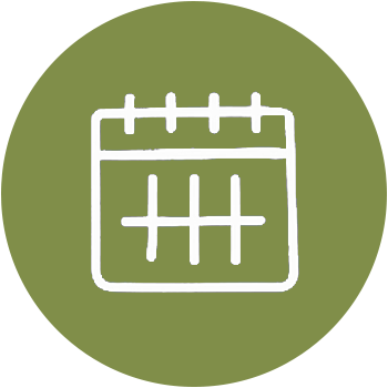 Icon of a calendar with a grid for dates on a green circular background.
