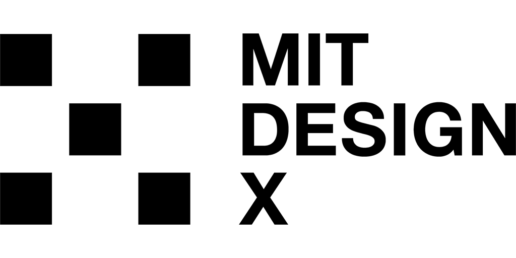 Black and white graphic with four black squares arranged diagonally and the words 'MIT DESIGN' and an 'X' next to the squares.