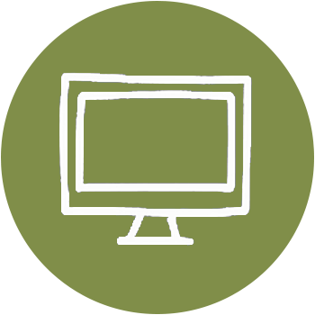 Icon of a computer monitor on a green circular background.