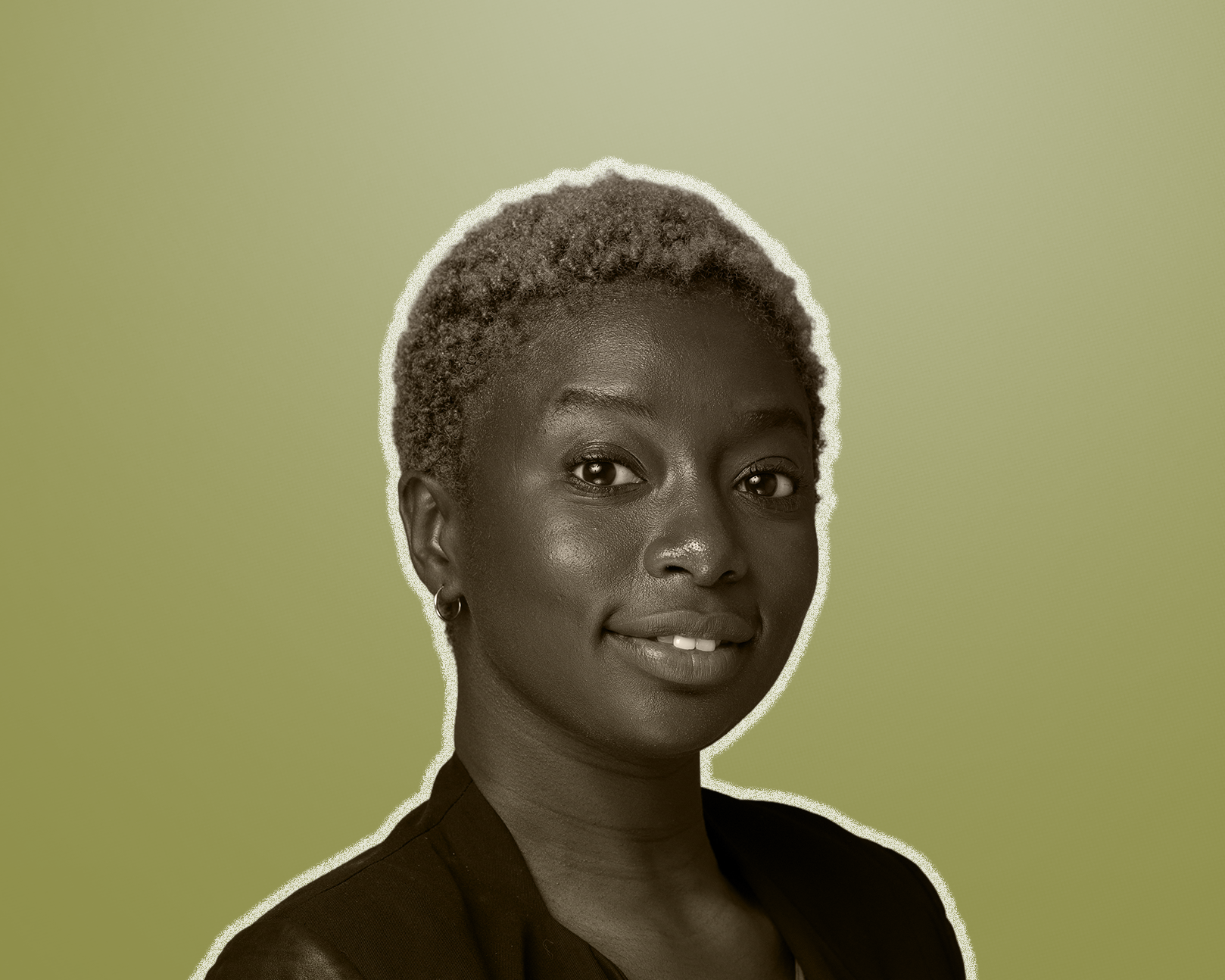 Black woman with short, curly gray hair, smiling, wearing a black top and small hoop earrings, against a light green background.