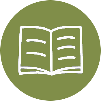 A simple white line drawing of an open book on a green background.