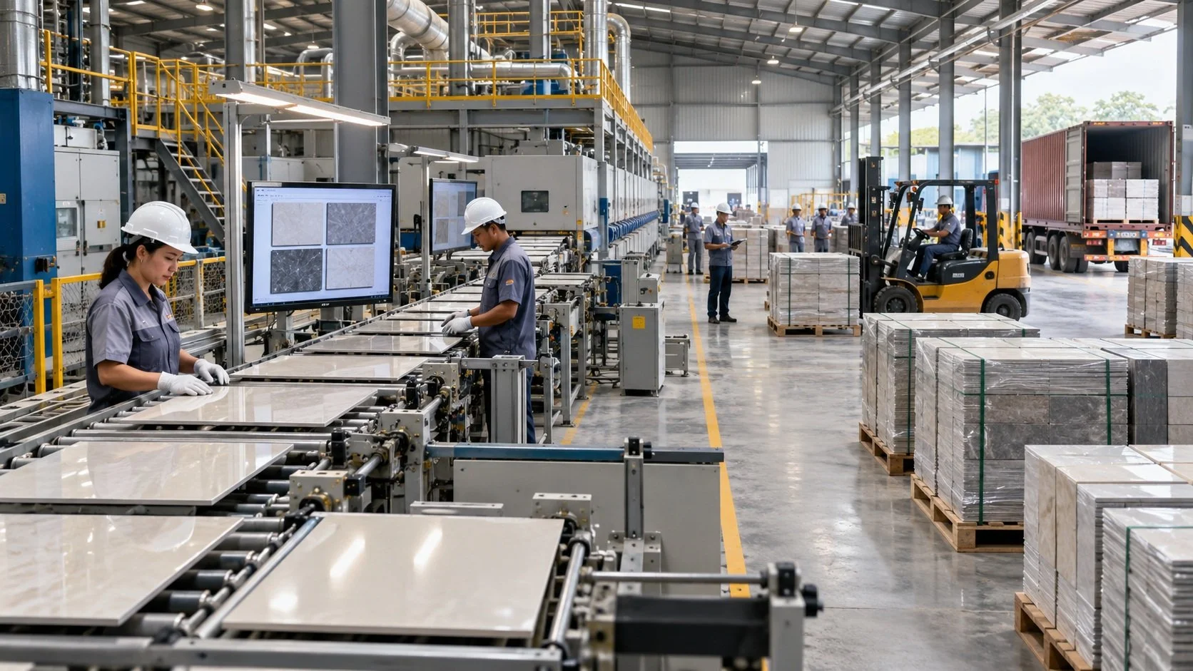 Modern ceramic tile manufacturing line in Indonesia with automated production, quality control and finished-product logistics