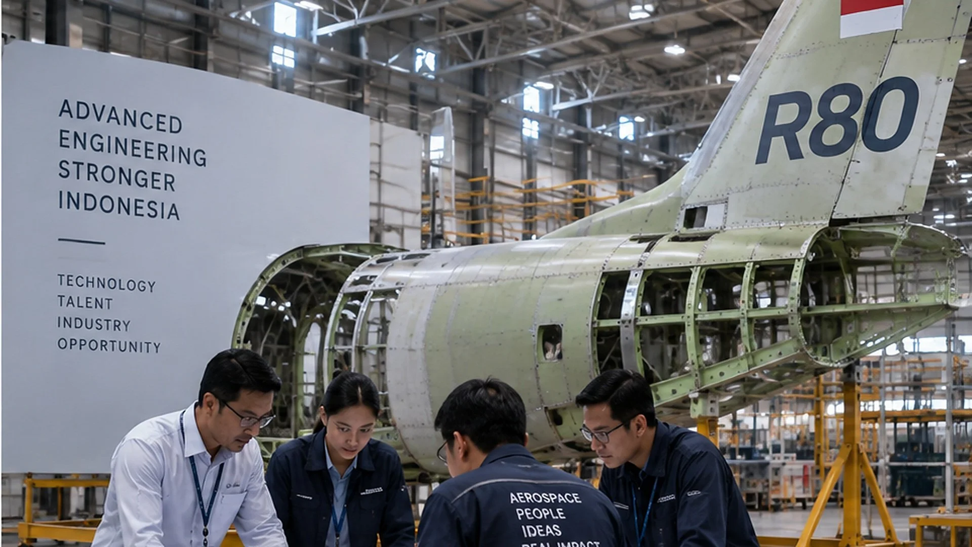 Engineers working on a regional aircraft in an Indonesian aerospace manufacturing and development facility