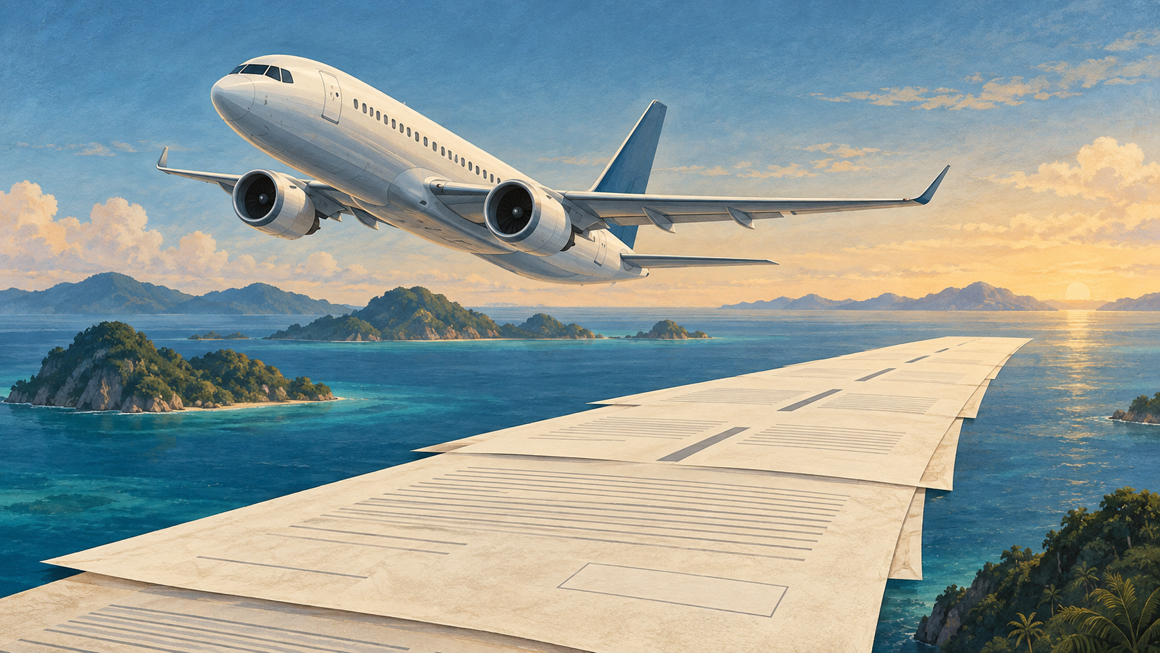 An illustrated twin-engine passenger jet climbs above a runway made from overlapping contract documents, with tropical islands and the sea below.