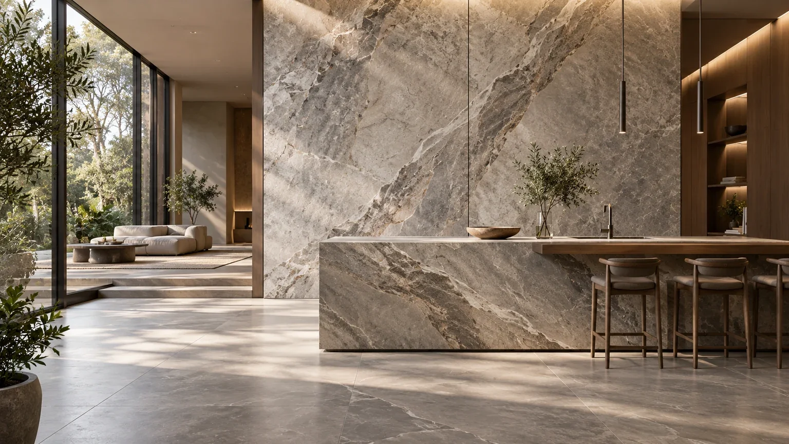 Concept interior with large stone-look wall panels, coordinated flooring and a slab-clad island.