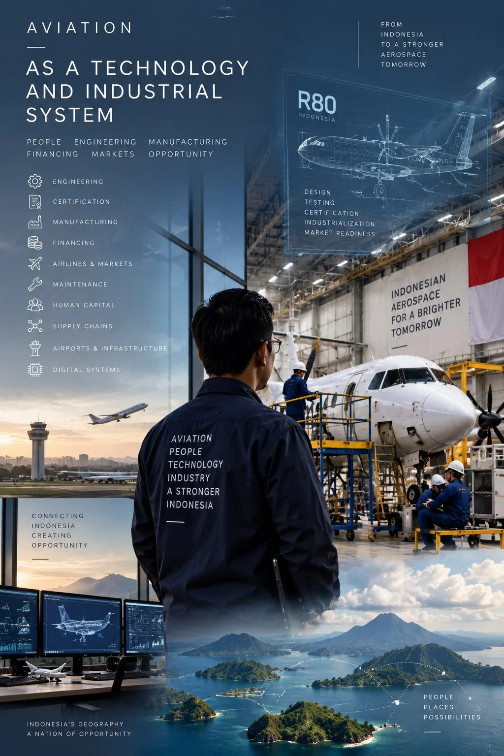 Aviation ecosystem showing aircraft engineering, manufacturing, certification, digital systems and regional connectivity in Indonesia