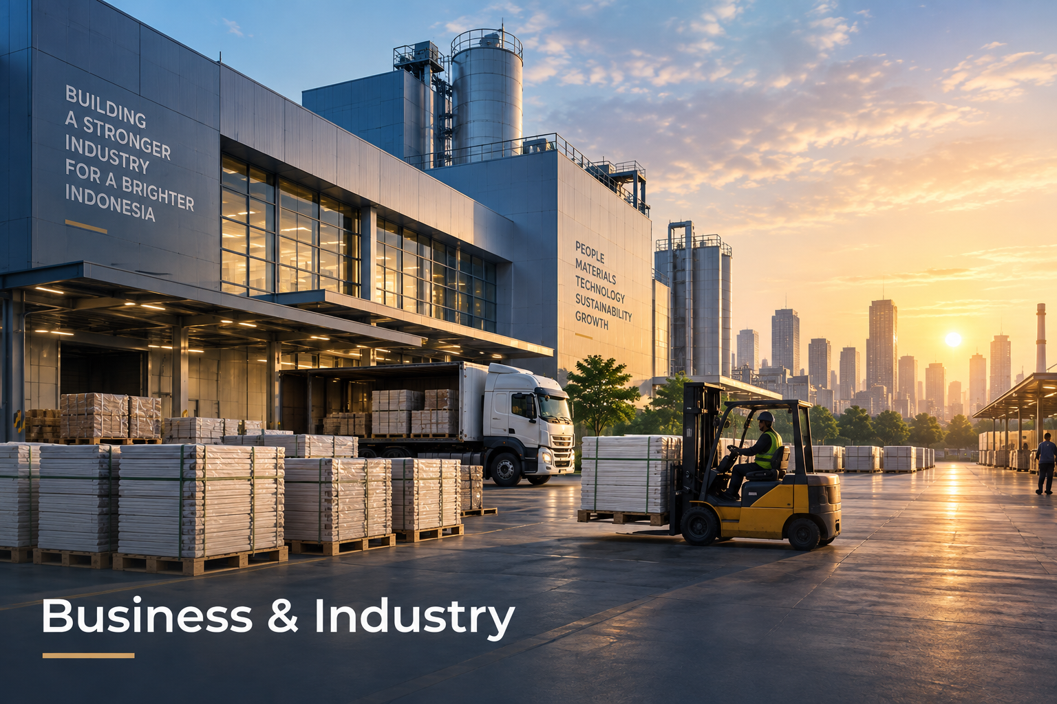 Illustration of a manufacturing facility with palletized materials, a forklift and a delivery truck at sunset.