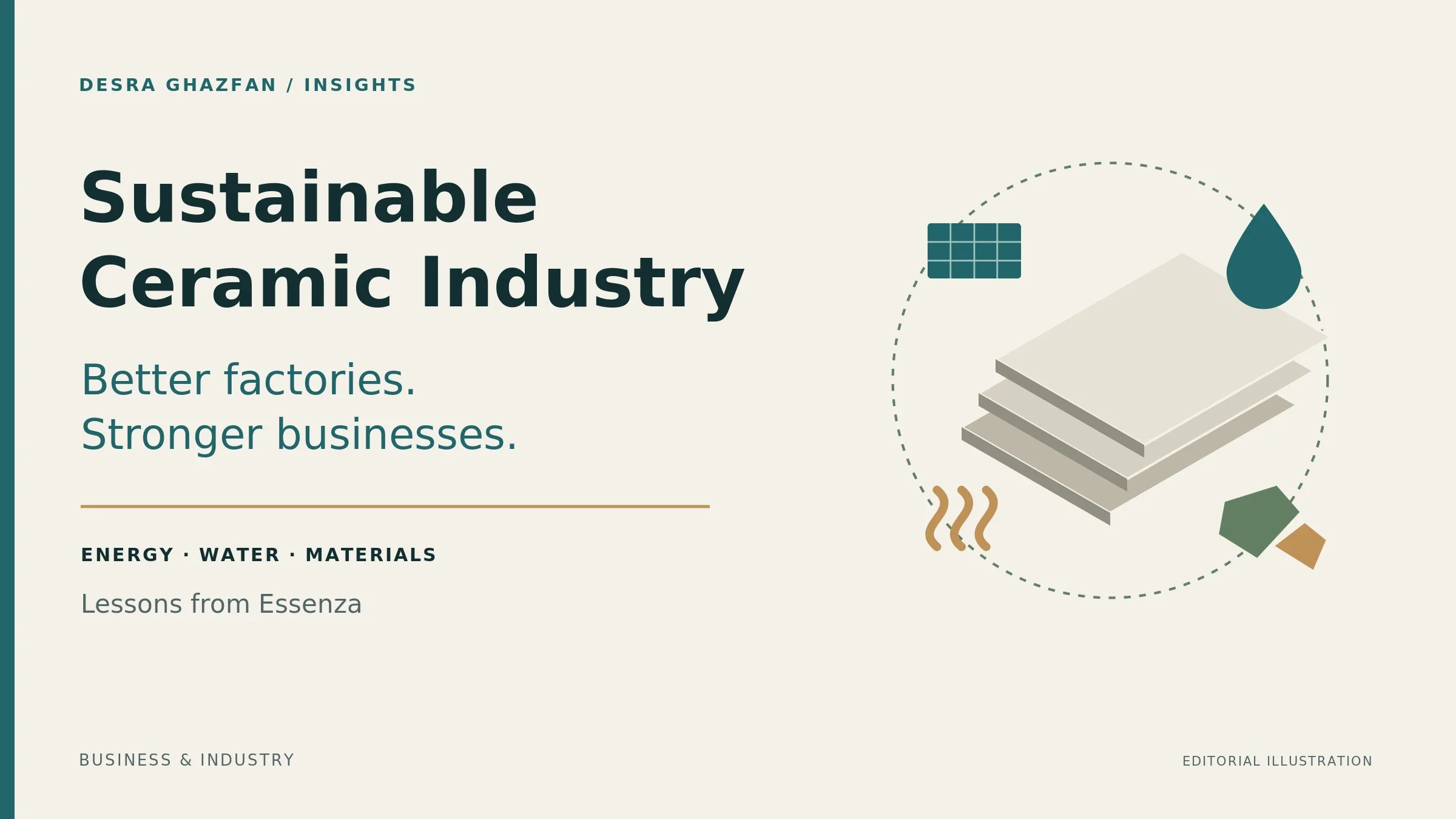 Editorial illustration of ceramic surfaces with symbols for solar electricity, recovered heat, water and material reuse.