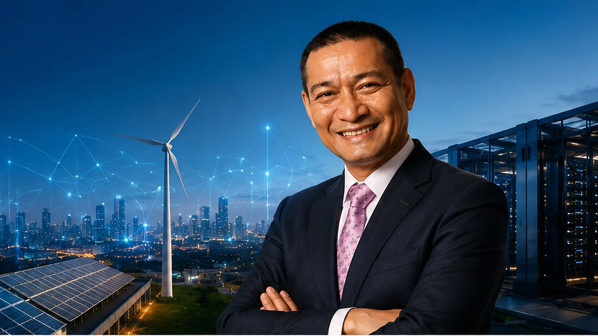 Smiling Desra Ghazfan in business suit standing with arms crossed, with solar panels, wind turbines, and a city skyline in the background, highlighting renewable energy and technology, a feature in Green Digital Infrastructure.