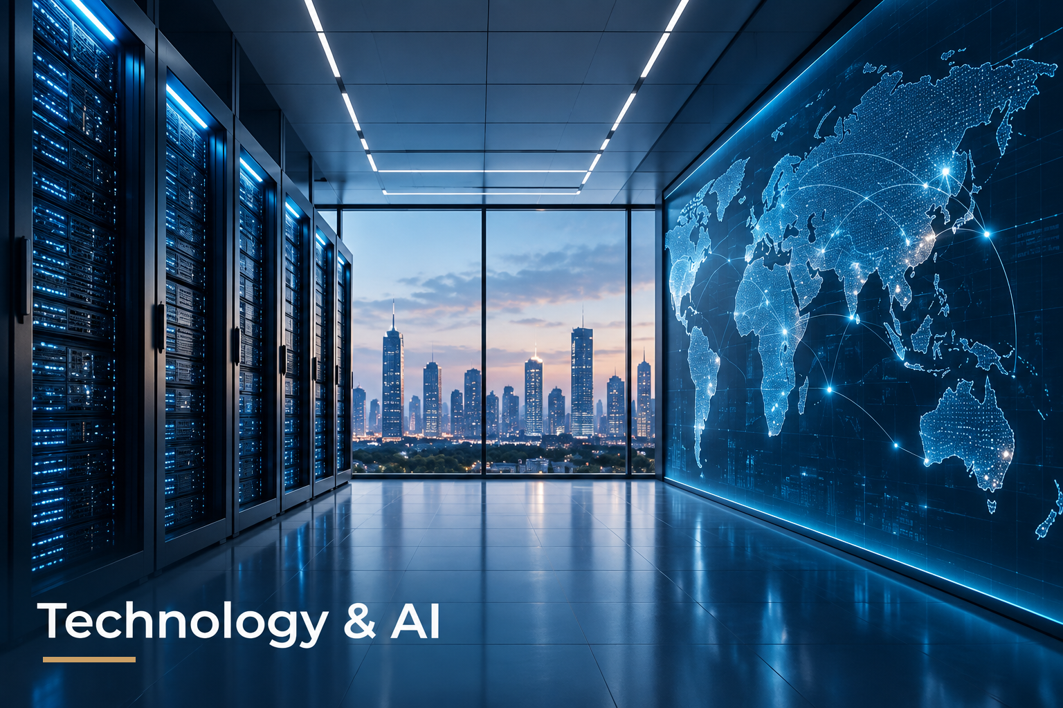 Illustration of blue-lit data-center server racks, a digital world map and a city skyline at dusk.