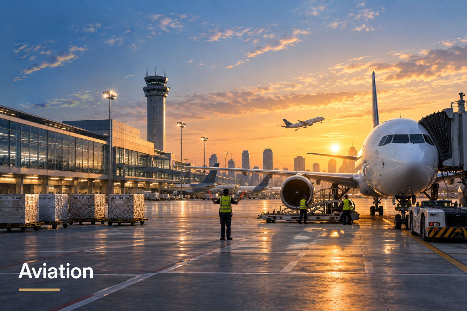 Illustration of a passenger aircraft, ground crew and airport terminal at sunset.