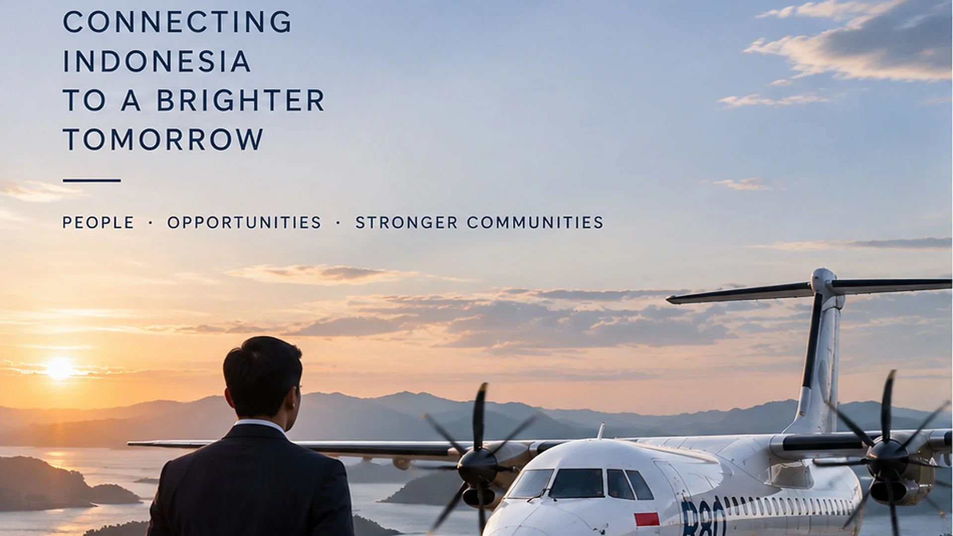 Regional turboprop aircraft on an Indonesian runway representing aviation connectivity and aerospace development