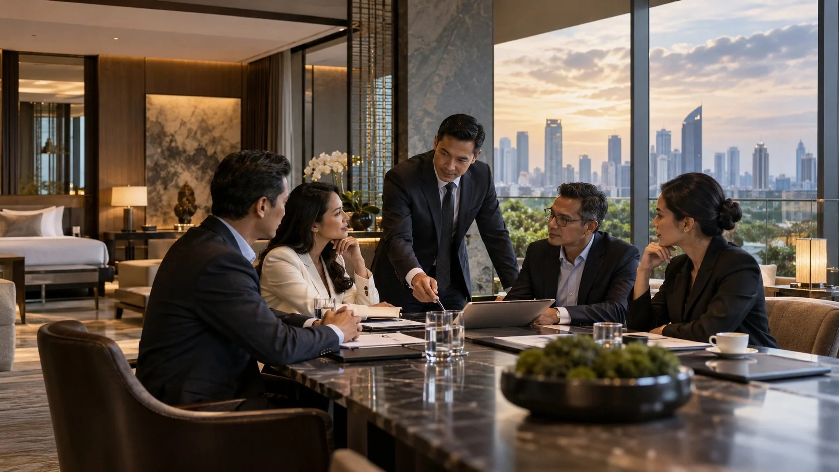 Business leaders in a modern hospitality setting discussing strategy, investment and asset performance in Indonesia