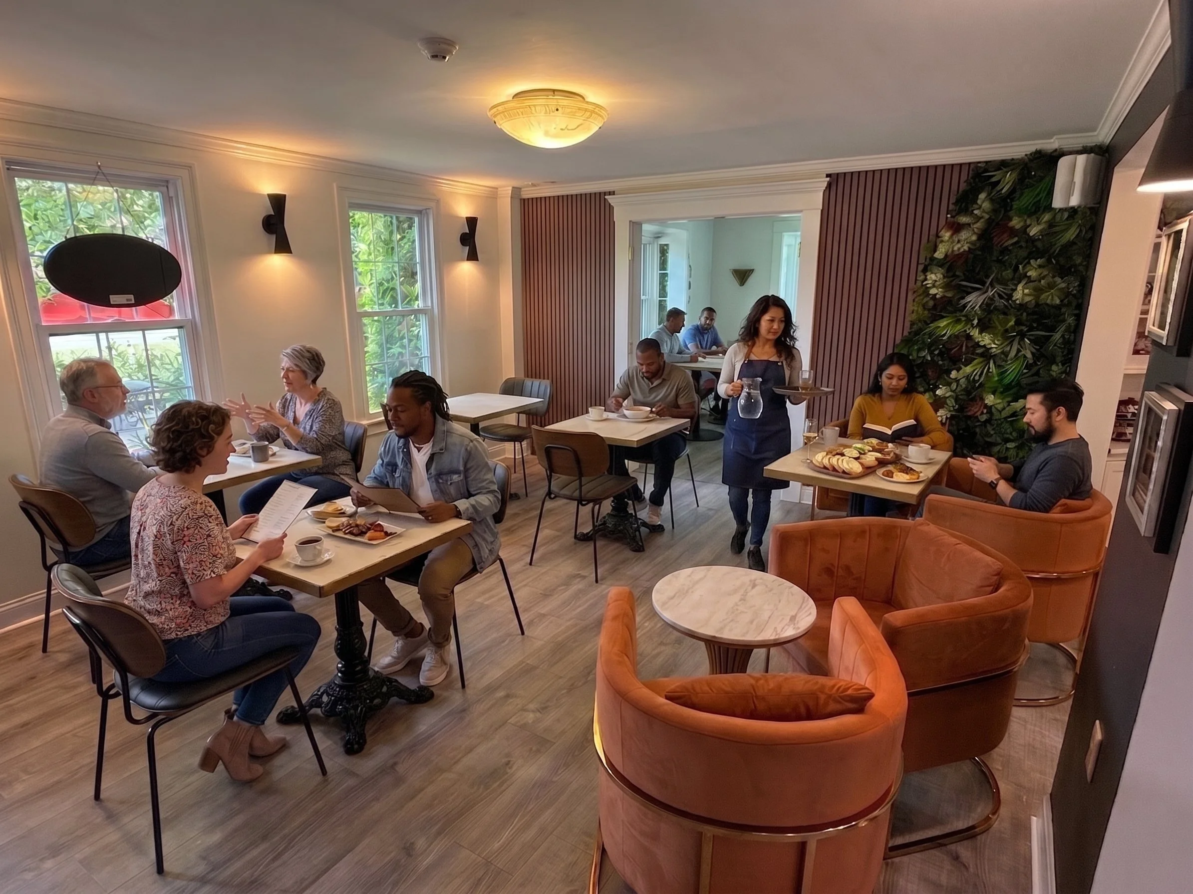 Guests dining inside ROKA with café seating, large windows, and warm interior lighting