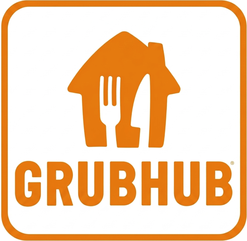 Grubhub logo featuring an orange house with a fork and knife inside.