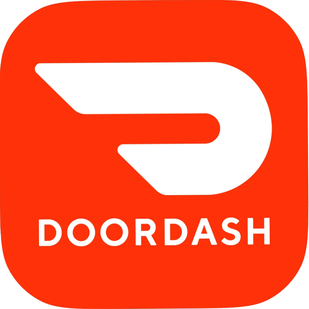 DoorDash app icon featuring a white stylized 'D' on a red background with the word 'DOORDASH' beneath it.