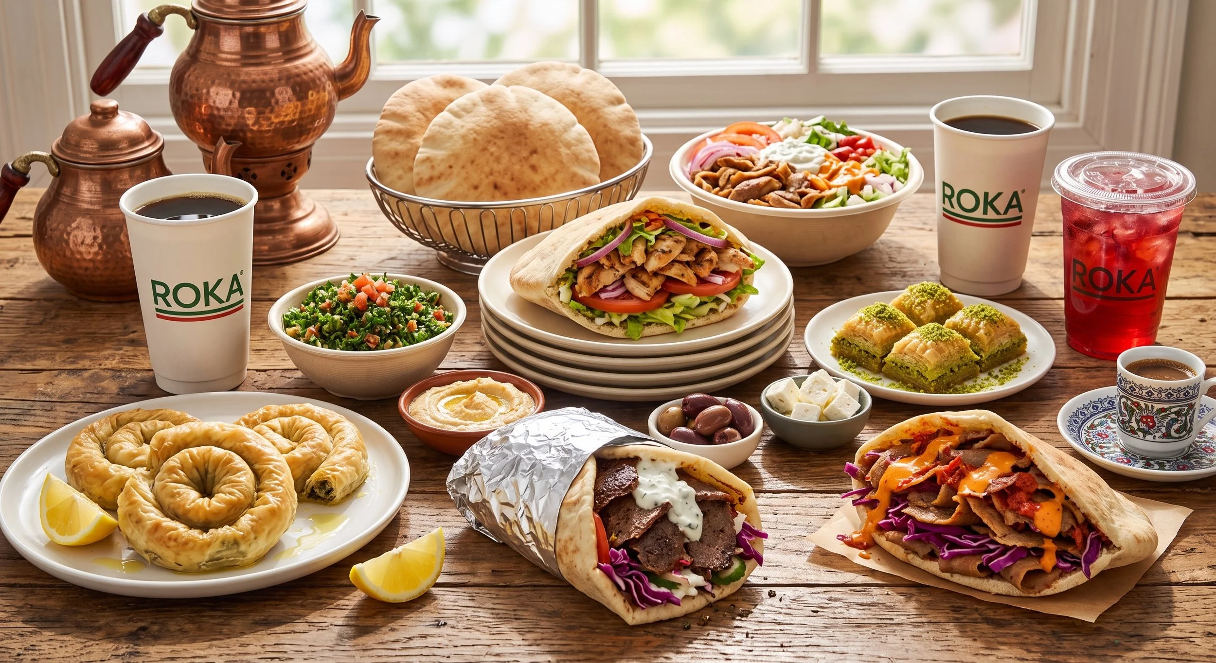 ROKA food spread with bowls, döner, savory pastries, baklava, coffee, tea, and other Mediterranean favorites