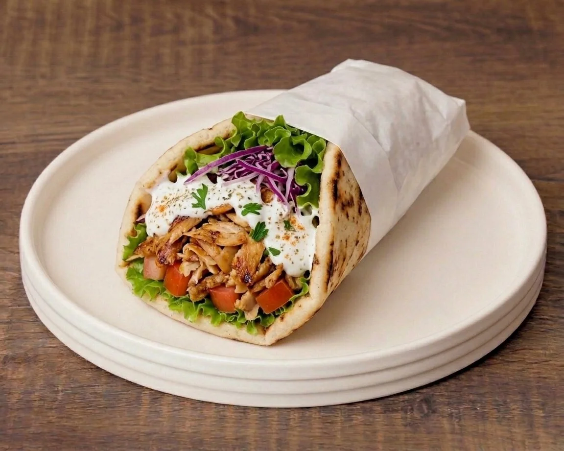 Chicken Döner in Pita with lettuce, tomato, cabbage, and sauce
