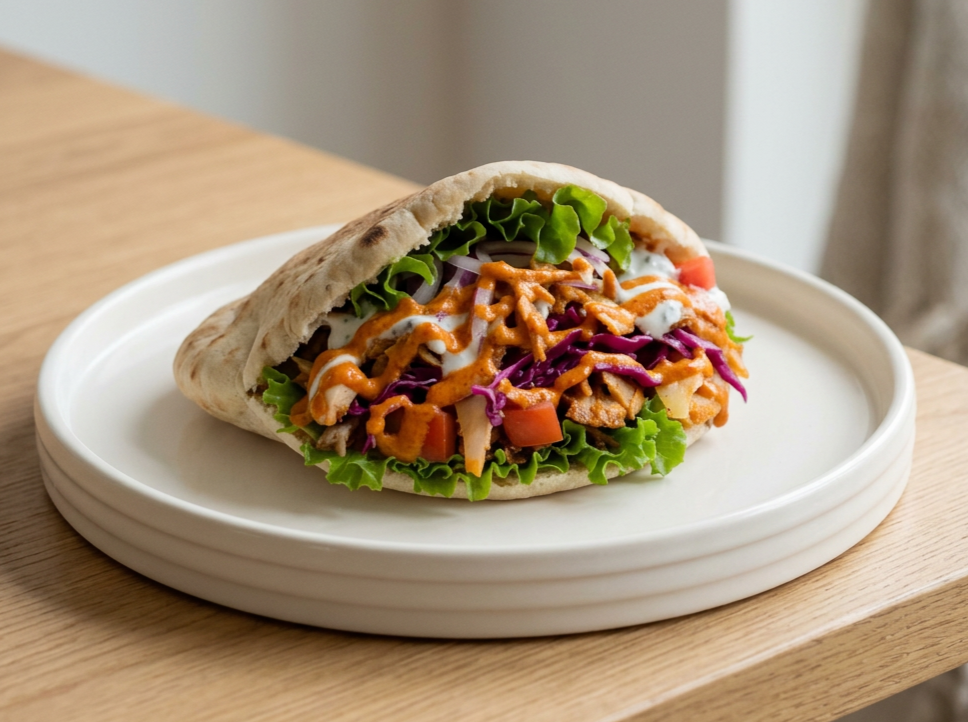 German Döner with chicken döner, lettuce, tomato, cabbage, carrots, and sauce