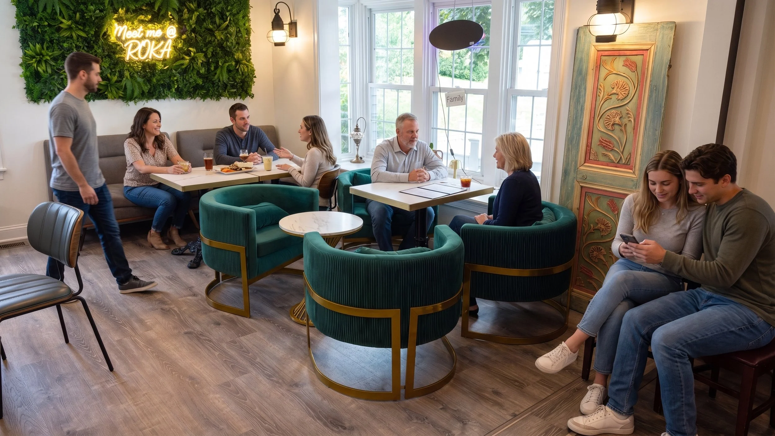 Guests relaxing and dining inside ROKA Mediterranean Café in Agawam