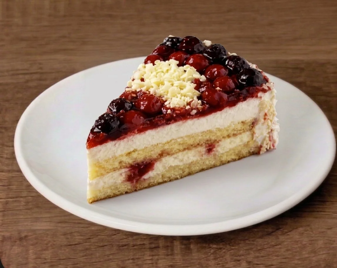 Slice of Forest Fruits Cake with fruit toppings