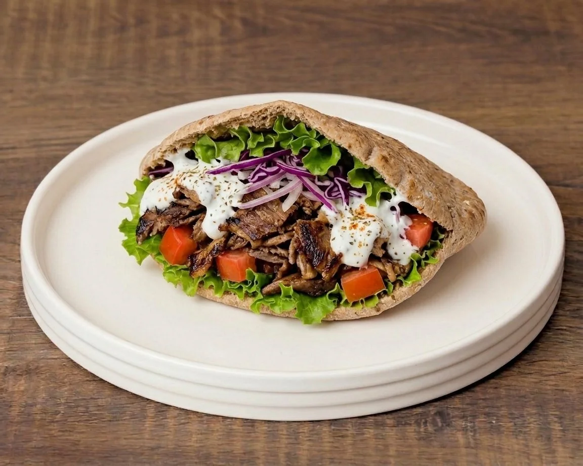 Beef & Lamb Döner in Pocket Pita with lettuce, tomato, onion, and sauce
