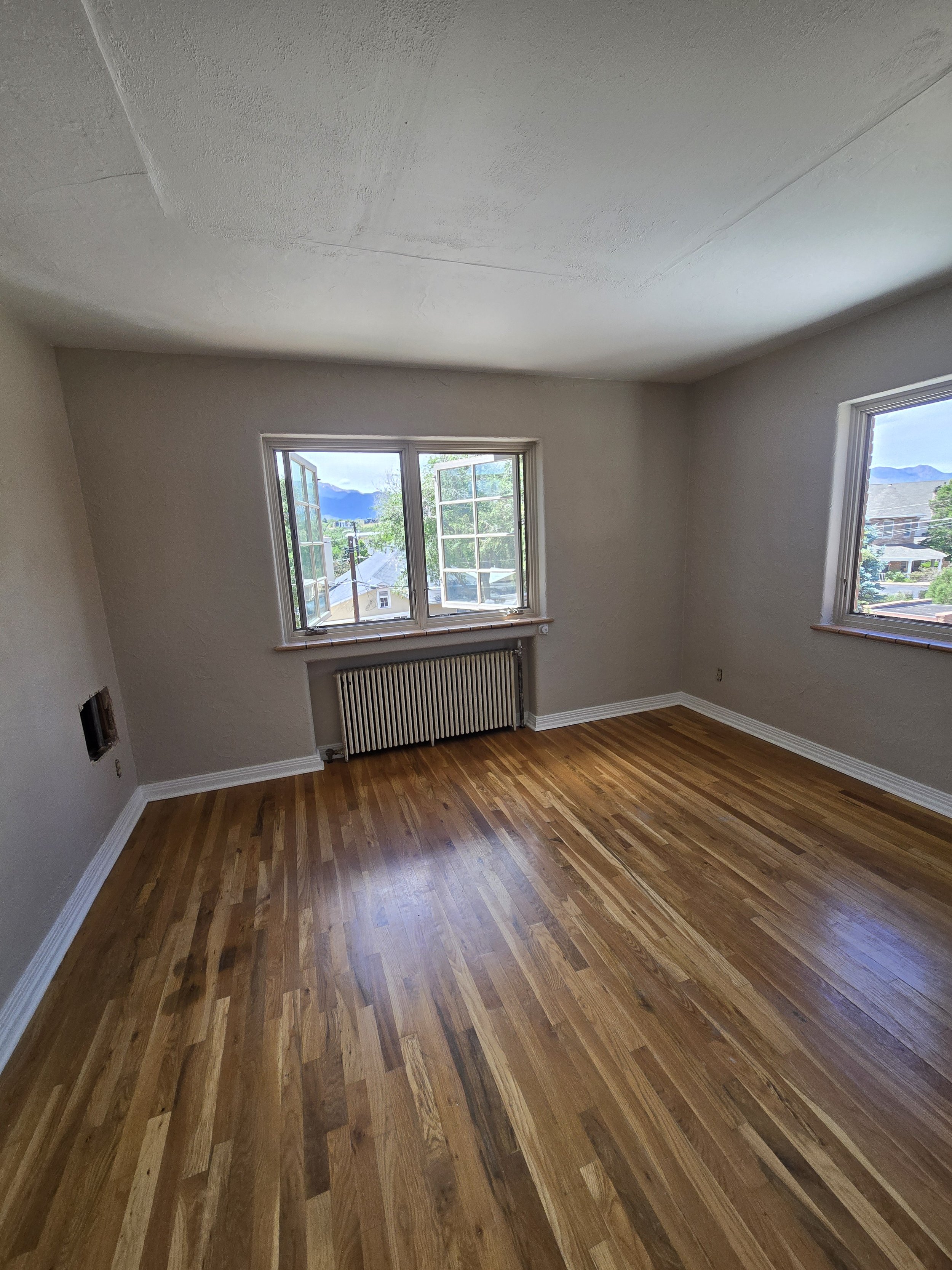 Empty room with hardwood floor, beige walls, two windows with natural light, and mountain scenery outside.