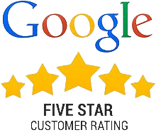 Google logo above five gold stars with 'Five Star customer Rating' text