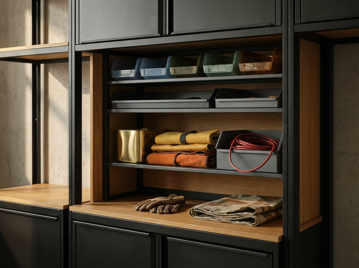 Storage shelves with assorted tools and supplies, including gloves, rolled fabric, electrical cord, and plastic bins.