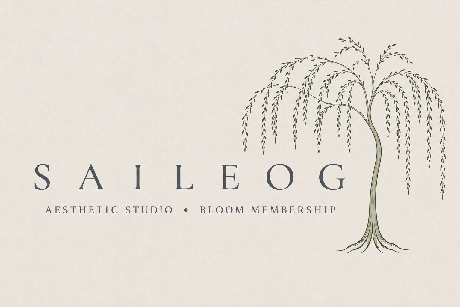 A logo for Saileog, featuring a minimalist illustration of a weeping willow tree on a light background with the text 'Saileog', 'Aesthetic Studio', and 'Bloom Membership'.