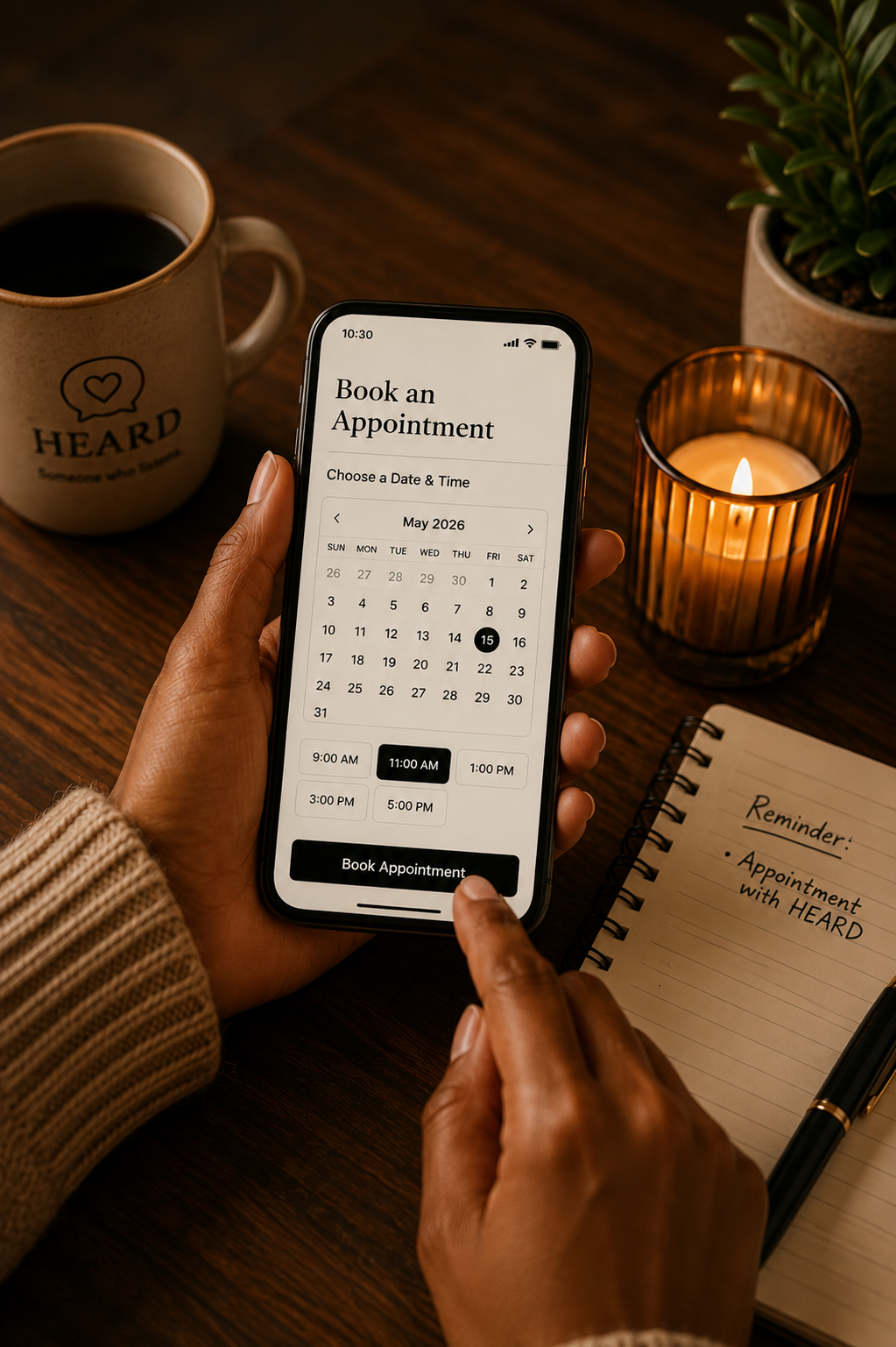 Person booking a HEARD appointment on a smartphone beside coffee, a candle, plant, and notebook.