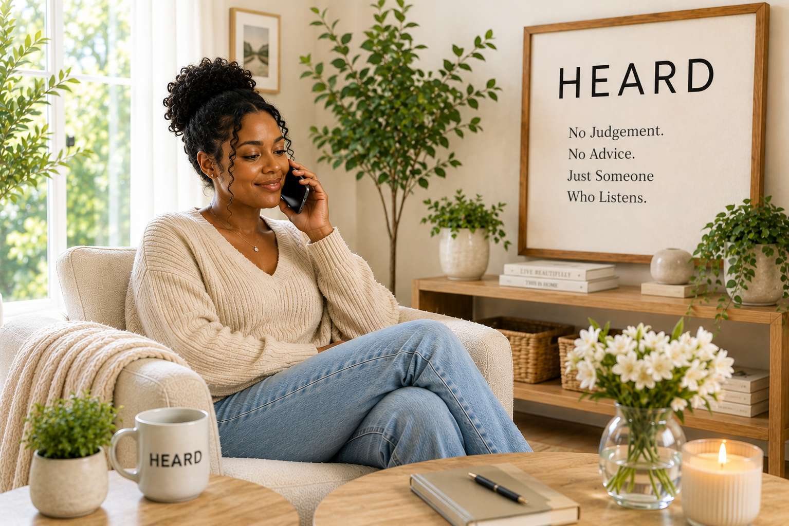 Woman talking on the phone in a cozy room with HEARD branding and a message about listening without judgment or advice.