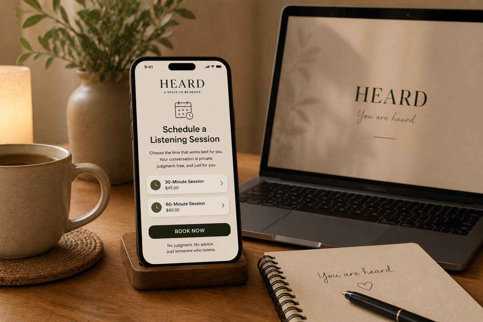 Phone displaying HEARD scheduling options for 30- and 60- minute listening sessions beside a laptop and  coffee mug.