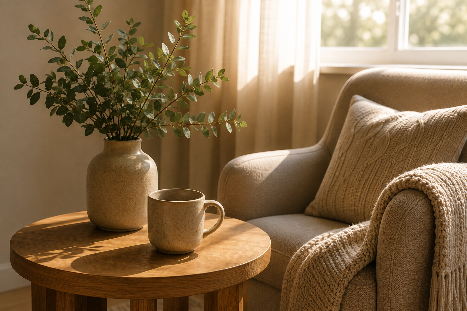 Cozy reading corner with beige armchair, side table, plant, and mug.
